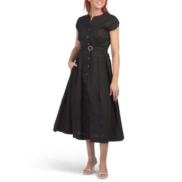 AQUA BLU Nero Linen Blend Josephine Short Sleeve Button Front Dress - Picture 1 of 2